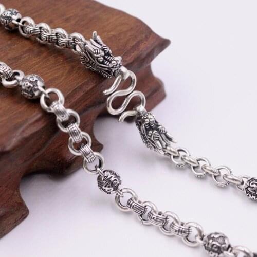 Pure 925 Sterling Silver Necklace Width 7mm Six-word Mantra Beads Dragon Head Rolo Link Chain 21.65"L 23.62"L 25.59"L For Man
