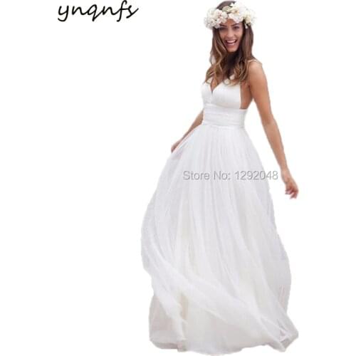 YNQNFS RE3 Boho Long Vestidos de Festa Sexy Bare Back Pleated Tulle Wedding Guest Dress White Party Bridesmaid Dresses 2019