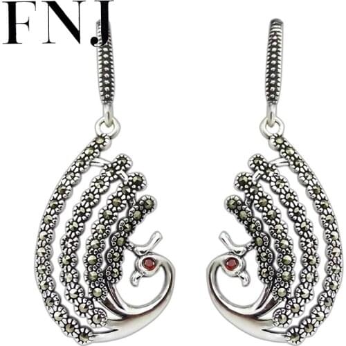 FNJ 925 Silver Earrings Original S925 Sterling Silver Animal Peacock Drop Earring for Women Jewelry Red Zircon