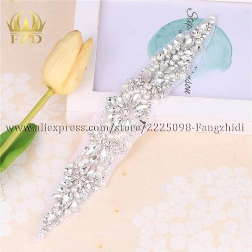 FZD 10 Pieces Rhinestones Sewing on Crystal Beaded Iron On Pearl Applique Long Trim for Wedding Bridal Dress Bride Belt