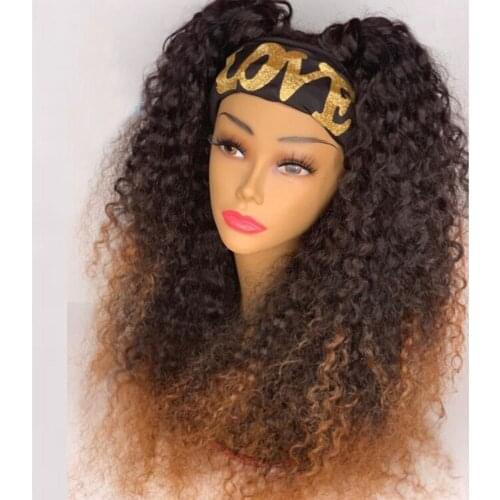 Glueless Ombre Kinky Curly Headband Wigs 1B 30 Color Brazilian Non Lace Scarf Wig Remy Human Hair Wigs for Women With Scarf