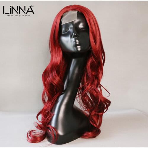 LINNA 20 Inch Red Synthetic Lace Front Wig Long Wavy With Baby Hair Cosplay Wig For Women Wine Red Heat Resistant Wigs