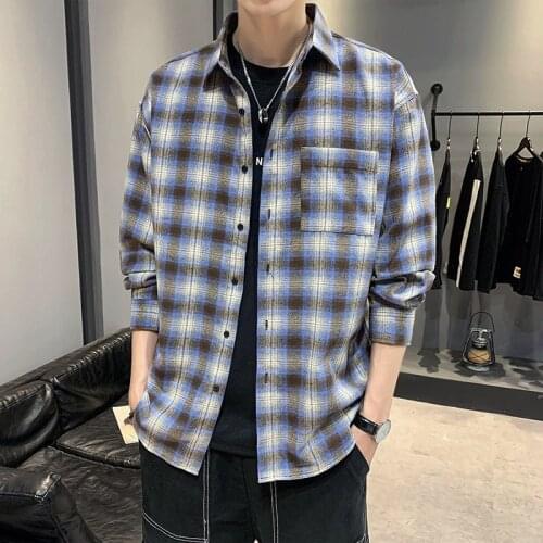 New Mens Long Sleeve Shirt Fashion Classic Plaid Loose Casual Shirt Personality Trend Mens Loose Shirt
