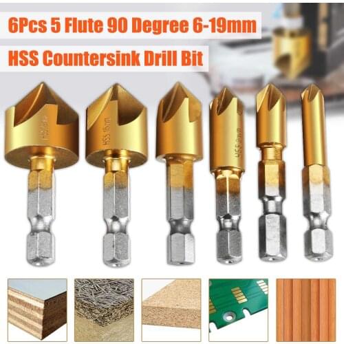 6pcs Countersink Drill Bit Set 1/4'' Hex Shank HSS 5 Flute Countersink 90 Degree Wood Chamfering Cutter Chamfer 6mm-19mm