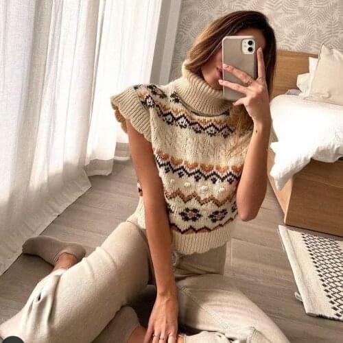 2021 Early Spring New European and American Retro Jacquard Twisted Casual Lace Sleeve Turtleneck Knitted Top