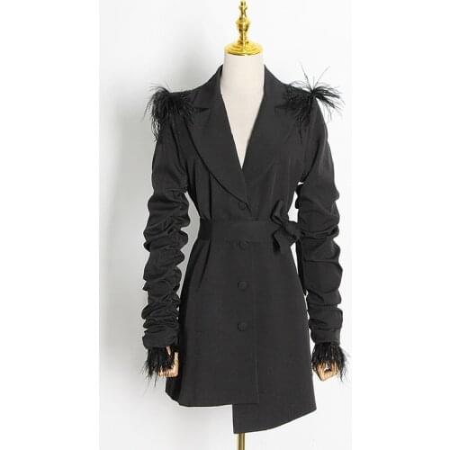 High Waist Elegant Dresses For Women Notched Long Sleeve Female Fashion New Clothes Black Patchwork Feather Dress