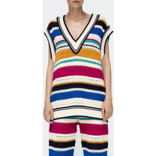 ZA pullover 2021 early autumn new style womens clothing sweet V-neck rainbow striped hollow knit vest