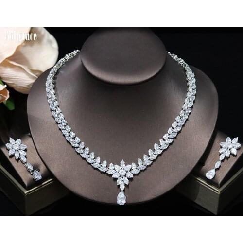 Luxury AAA Full Cubic Zirconia Two Pieces Jewelry Set Silver CZ Necklace and Earrings Set Wedding Bridal Jewelry Birthday Gifts