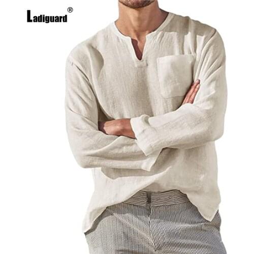 Long Sleeve Men Fashion Tops Linen Shirt with Pocket Sexy Mens clothing 2021 Summer Loose Casual Pullovers White Gray Man Blouse