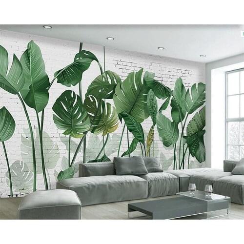 3D Custom Self Adhesive wallpaper Nordic hand-painted brick wall plant banana leaf living room TV background Waterproof mural