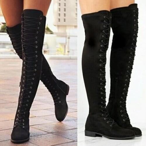 Sexy Womens Winter Boots Thigh High Boots Lace Up Low Heel Boots Stretch Women Shoes Rome Style Over The Knee Boot For Women