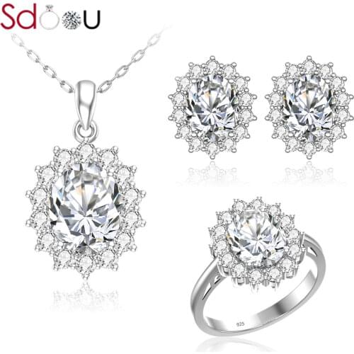 SDOOU Bridal Jewelry Sets Sterling Silver 925 Rings Stud Earrings Pendant Necklace Zircon Trendy Romantic Wedding Luxury Jewelry