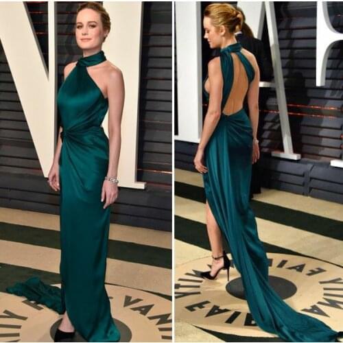 Sexy Long Halter Dark Green Celebrity Dresses Mermaid Robe De Soiree Floor Length Open Back Side Slit Formal Dresses for Women