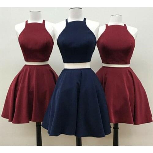 Sexy Two Pieces Short A-Line V-Neck Homecoming Dresses Knee Length Satin Criss Cross Back Graduation Dresses for Juniors