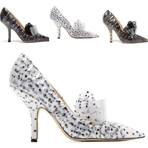 Women Pointy Toe High Slim Heels Shoes Color Stitching Dot Decor Lace Clear Transparent Stilettos Pumps Sandals New 2021 Plus Sz