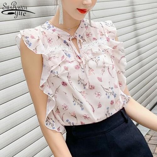 Vintage 2021 Summer New Printed Chiffon Blouse Pink Sleeveless Korean Top Female Ruffled Pullover Shirts Top Feminine 10028