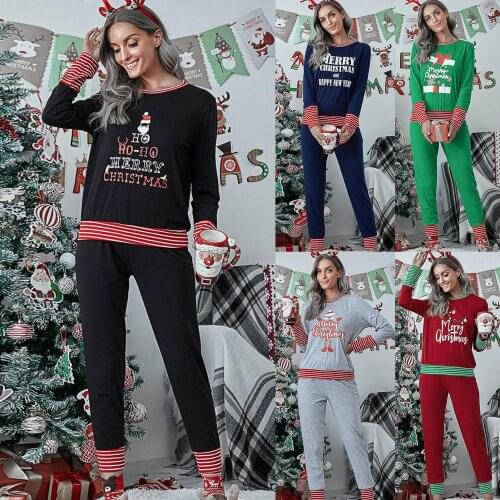 Women Long Sleeve Blouse Pants Letters Stripes Christmas Pajamas Sleepwear Set