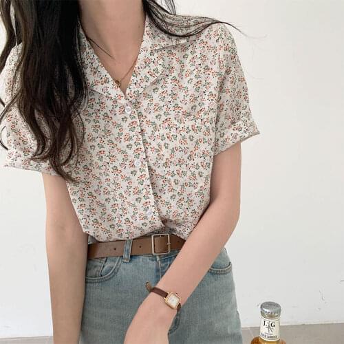 Vintage Floral Print Turn-down Collar Short Sleeve Blouse Women Casual Pocket Single-breasted Basic Shirt Female Casual Top