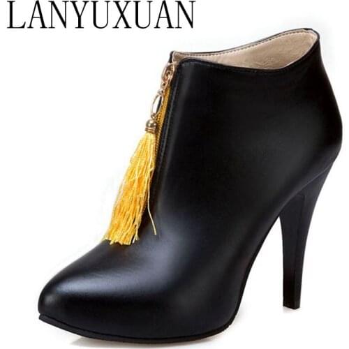LANYUXUAN New Super Big size 30-50 Women Short tube boots Sexy high-heels pointed toe Spring Autumn Winter wedding shoes 2-1