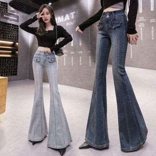 Women High Waist Fashion Stretch Pocket Trousers Plus Size Wide Leg Jeans Flare Jeans Pants Women Vintage Denim Ladies Jeans