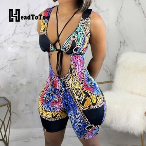 Chic Print Sleeveless Cutout Skinny Rompers Women Playsuits Summer One Piece Outfits