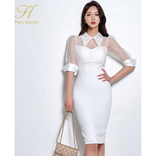 H Han Queen Stitching Slim Elegant Office Lady Dress Summer White Pencil Wear Work Vestidos Business Party Women Bodycon Dresses