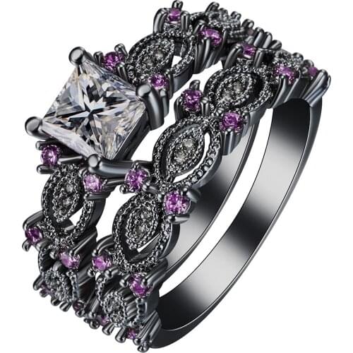 Luxury Women Jewelry Black Gold Color Purple Zircon Couple Rings for Wedding Engagement Set Gifts