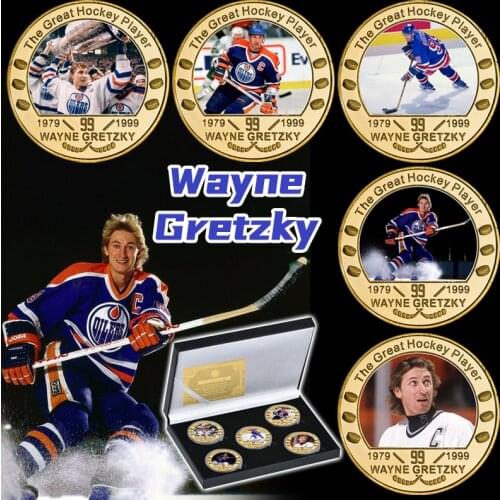 5pcs Great Ice Hockey Player Gold Plated Commemorative Coin Set with Coin Holder Canadian Sports Souvenir Coin Gift for Him Fans