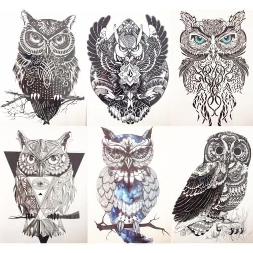 6pc/set 21X15cm Black Flying Owl Fastion Party Temporary Tattoo Combo for Cool Girls and Man Tattoo #013