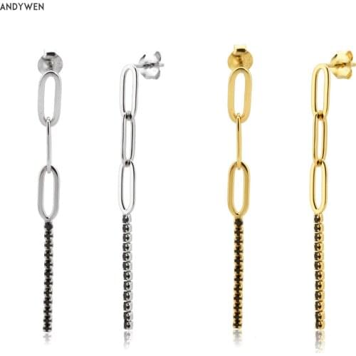 ANDYWEN 925 Sterling Silver Gold Ovals Chain Zircon Splice Drop Earring Piercing Ohrringe Pendiente Locker Jewelry For Party