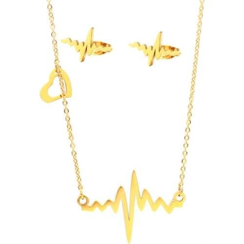 ECG Pendant Stainless Steel Necklace Dubai Titanium steel Jewelry Sets Accessories Gold color Earring Charm Necklace Gift