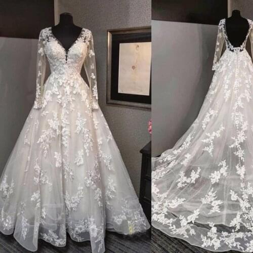 Elegant Lace Wedding Dresses Illusion Long Sleeves V Neck Chapel Train Cheap Wedding Dress Bridal Gowns Cheap