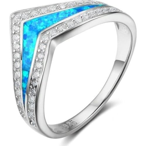 FDLK Fashion Women V-Shape Blue Fire Opal Wedding Band Size 5 6 7 8 9 10 11 12
