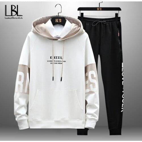 Mens Casual Hoodies+Pants 2 Pieces Sets Printed Suits Men Loose Hooded Sweatshirt Jogging Suits Male Fashion Hoodies Sportswear