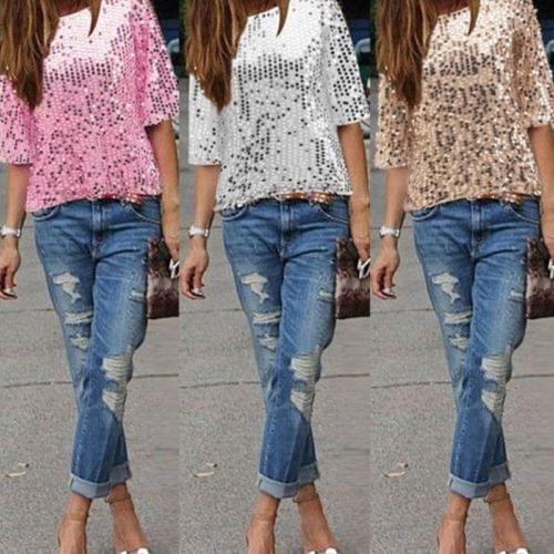 Fashion Loose Ladies Solid Sloping Shoulder Glistening Sequin Slim Shirt Tops Short Sleeve O neck Women Clothes