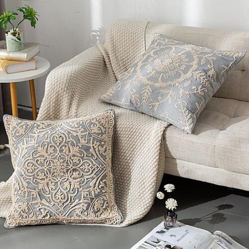 Grey Cotton Embroidery Cushion Cover Beige Geometric Flowers Pillow Cover 50x50cm Home Decorative Sofa PillowCae