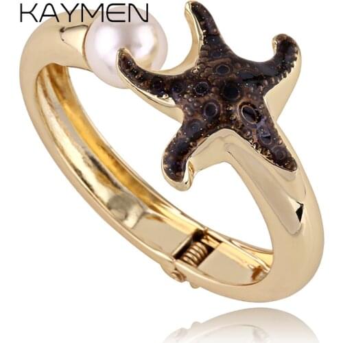 Newest Unique Desgin Starfish Shape Inlaid Imitation Pearl Bangle Cuff Bracelet for Girl Golden Plated Top Quality Bangle