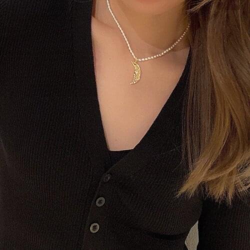 New Arrival Natural Freshwater Pearl Necklace With Moon Charm Pendant Chain Women Gifts