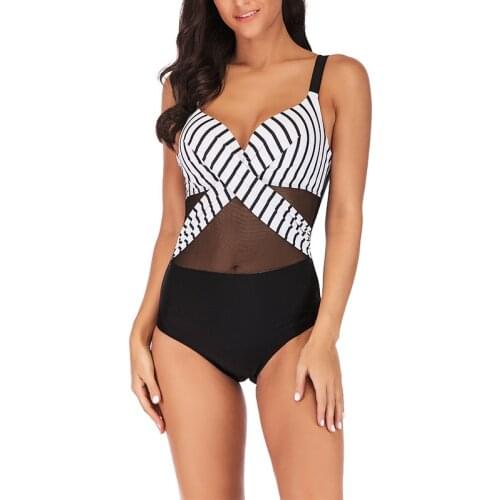 New One-Piece Bikini Sexy Slim Stripe Hollow Back Large Size Swimsuit