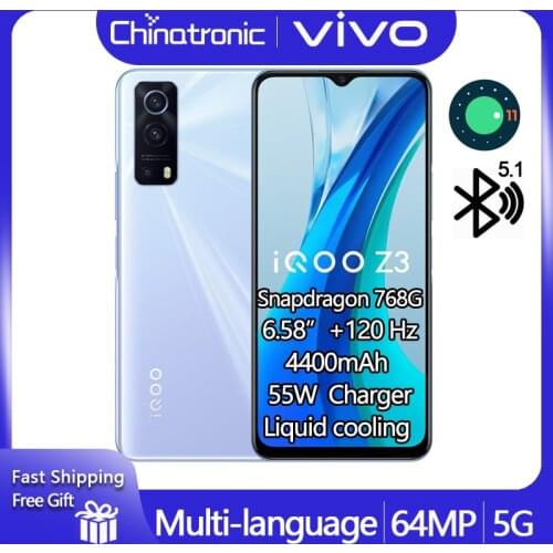 Original VIVO iQOO Z3 8GB 256GB 5G Mobile Phone Snapdragon 768G 6.58"FHD+120Hz 4400mAh Battery 55W Charger Android 11 64MP