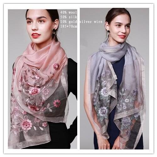 Naizaiga 2018 Autumn winter silk wool blending silk flowers handmade embroidery scarf ladies shawl,YZSC3
