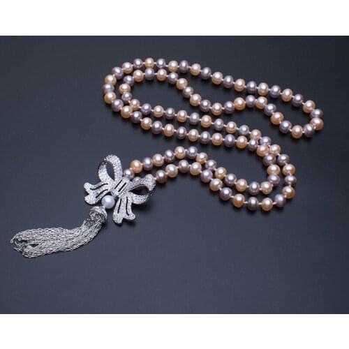 8-9mm Nearround Pearl Necklace Strong Luster Multicolor Natural Freshwater Pearl 80cm Long Necklace Jewelry With Bowknot Pendant
