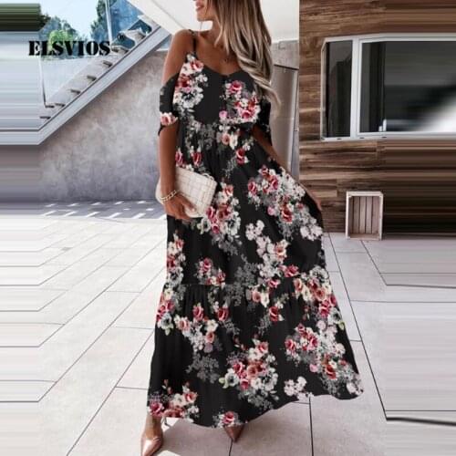 Sexy Ladies Off-shoulder Summer New V Neck Flower Print Sling Dress Fashion Elegant Office Female Dress Slim Party Long Dresses