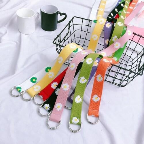 2021 Women Daisy Printed Belt Double D Ring Canvas Strap Female Long Belts For Jeans Belts For Women Men Canvas Belt