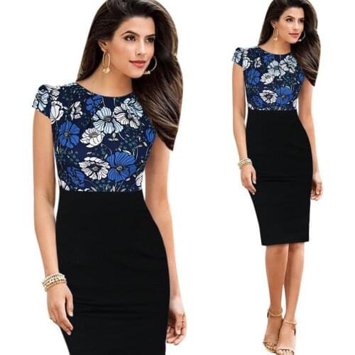 Sexy Slim Casual Party New Print Stylish Elegant Work Ruched Cap Sleeve Gather O-Neck Bodycon Knee Women Office Pencil Dresses