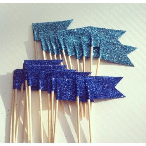 Blue Glitter flags Cupcake Toppers wedding tea Party Decor food picks Birthday bridal baby shower cake decorations