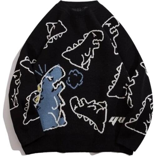 Harajuku Fun Dinosaur Cartoon Pattern Knitted Sweater Autumn Fashion Color Block Loose Round Neck Knitwear Couple Pullover Tops