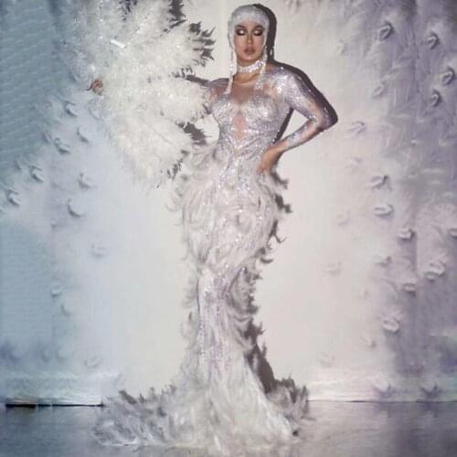 Evening Prom White Feather Rhinestones Dresses Women Birthday Celebrate Crystals Long Dress Lady Singer Stage Party Wear DT2402