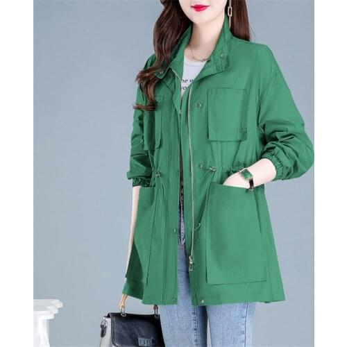 Plus size 4XL Lining Trench Coat Womens 2021 Spring Autumn Slim Casual Stand collar Outwear Student Adjustable waist Casual Tops