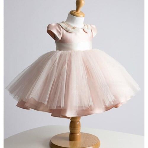 Pink Tulle Baby Girl Dress Beads Lace Pageant Christening Gown Newborn Girls Baptism Clothing Infant 1 Year Birthday Outfits